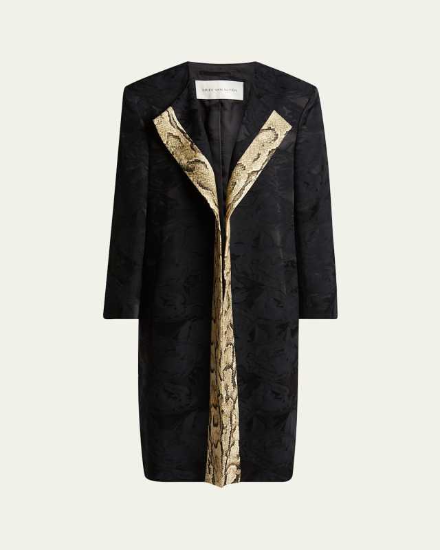 Rivkam Floral Snakeskin-Trim Open Front Coat